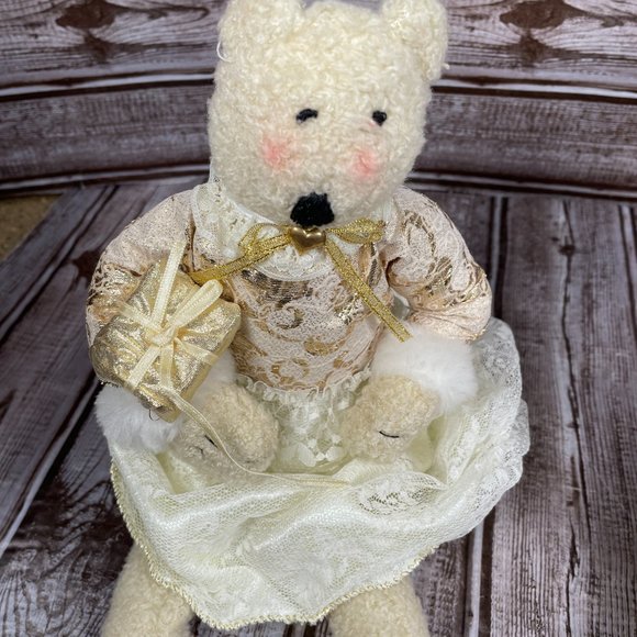 Set of 2 Stuffed Bears 15" Shelf Sitter Christmas Holiday Decor Cream Gold EUC - Picture 6 of 6